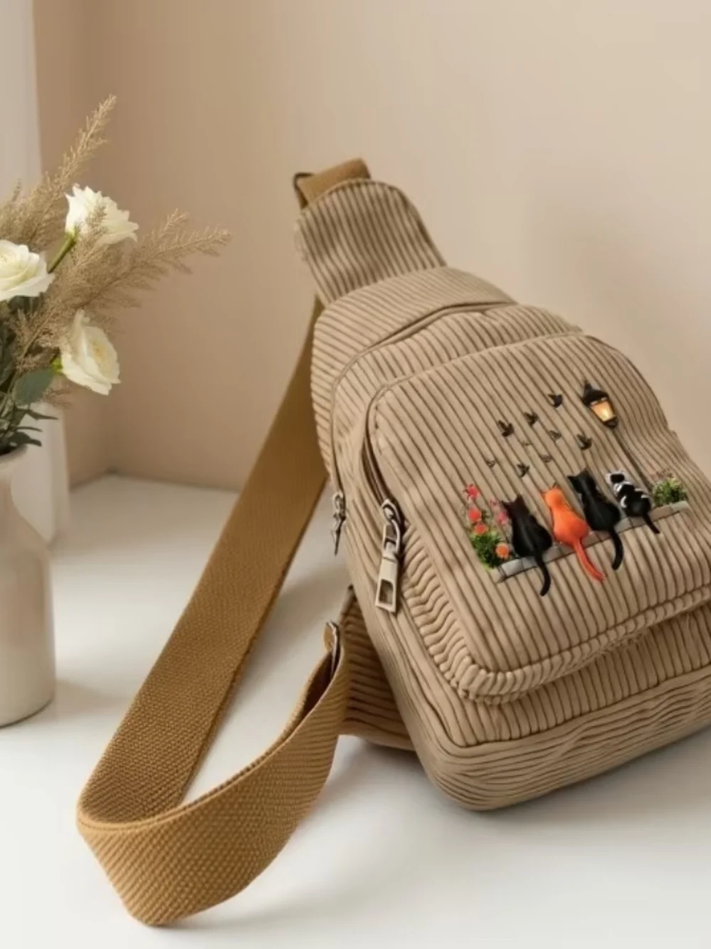 Beige Corduroy Crossbody Sling Bag with Bird & Cat Embroidery Mini Bag